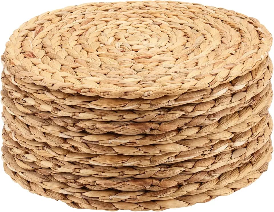 8 Pack 11.8 Inch Round Woven Placemats, Water Hyacinth Woven Rattan Placemats Braided Rattan Tablemats Non-Slip Insulation Pads Wicker