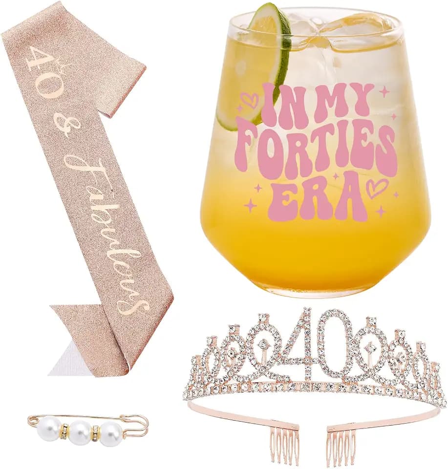 40th Birthday Gifts For Women - In My 40s Era Wine Glass, 40th Birthday Decoration for Women with Rose Gold Sash & Crown, 40 Years Old Gifts For Sister, Son, Daughter, Mom, Best Friend
