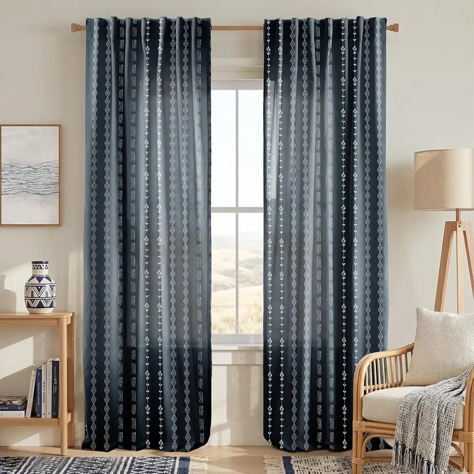 Navy Blue 96 Inches Long Nursery Curtains Boy,Sheer Boho White Floral Striped Linen Nautical Curtains for Baby Living Room