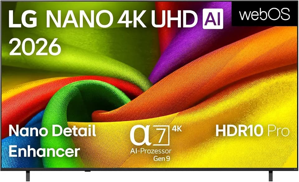 LG 85NU8E0B3LA Nano 4K UHD TV, 85 Zoll, α7 Gen9 4K AI Prozessor, webOS 26, 60Hz, VRR bis zu 60Hz, Modelljahr 2026, Energieklasse E