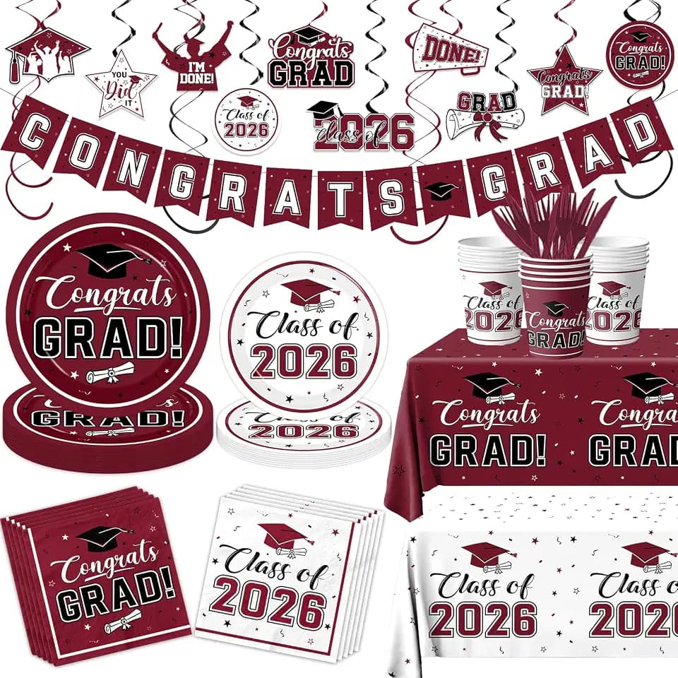 Graduation 2026 Decorations Tableware,189pcs White Maroon Graduation Plates and Napkins Cups for Congrats Grad Class Of 2026 Party Supplies,Serves 25 (Maroon)