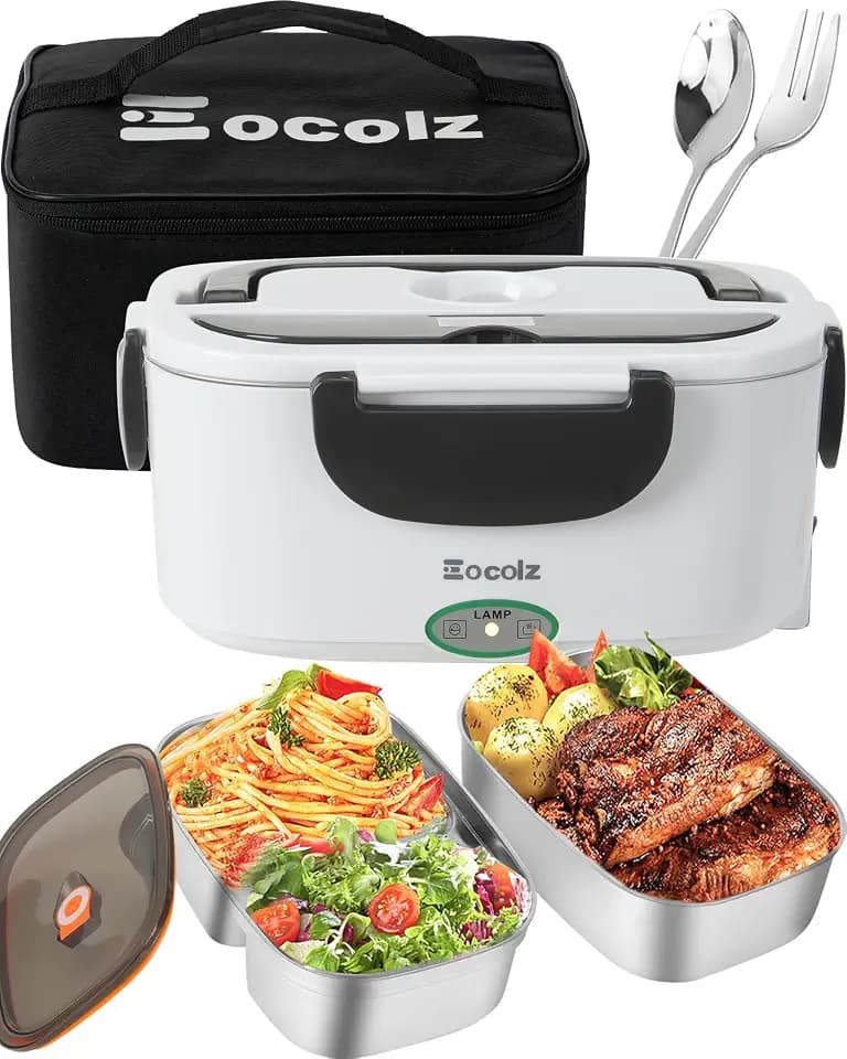 Eocolz Electric Lunch Box Food Heater 80-100W for Adults, Portable Food Warmer Heated Lunch Box for Car Truck Work with 1.5L Stainless Steel Container Fork & Spoon 12/24/110V Lonchera Eléctrica