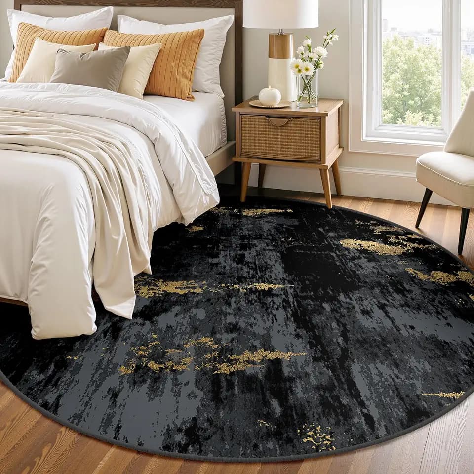RELEANY Washable Round 8ft Area Rug for Living Room Black Gold