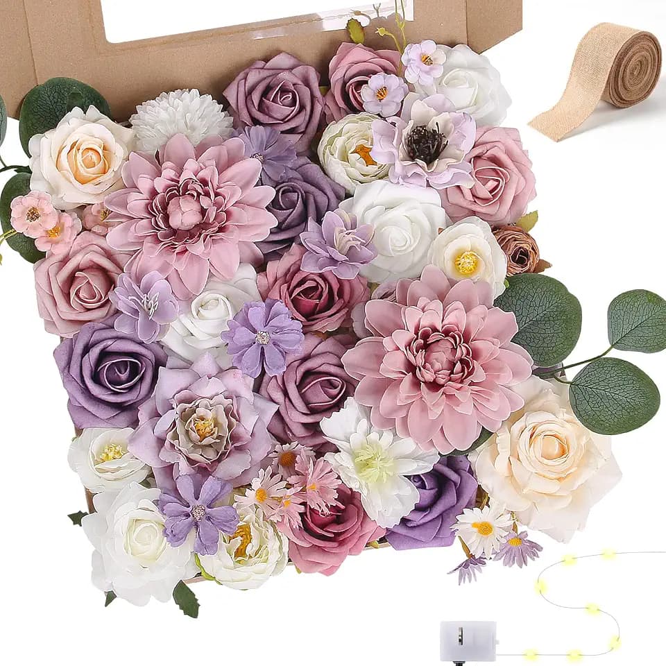 LELEE Artificial Flowers Combo Box Set Purple Pink White Faux Flowers Rose