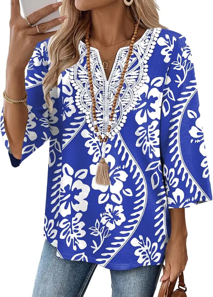 WIHOLL 3/4 Length Sleeve Womens Tops Boho V Neck Lace Shirt Trendy Blouses Dressy Casual Vacation Clothes S-3XL