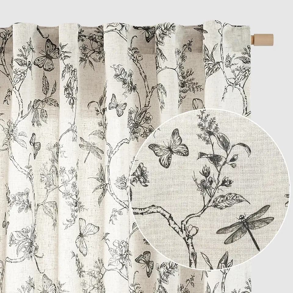 Lazzzy Black Floral Linen Curtains Farmhouse Rod Pocket 50W X 90L 2 Panels