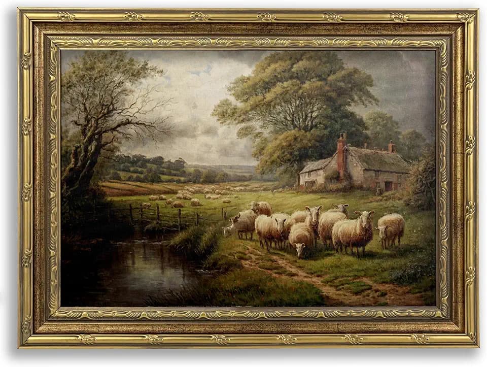 Vintage Gold Framed Sheep Canvas Wall Art,Countryside Farmhouse Picture