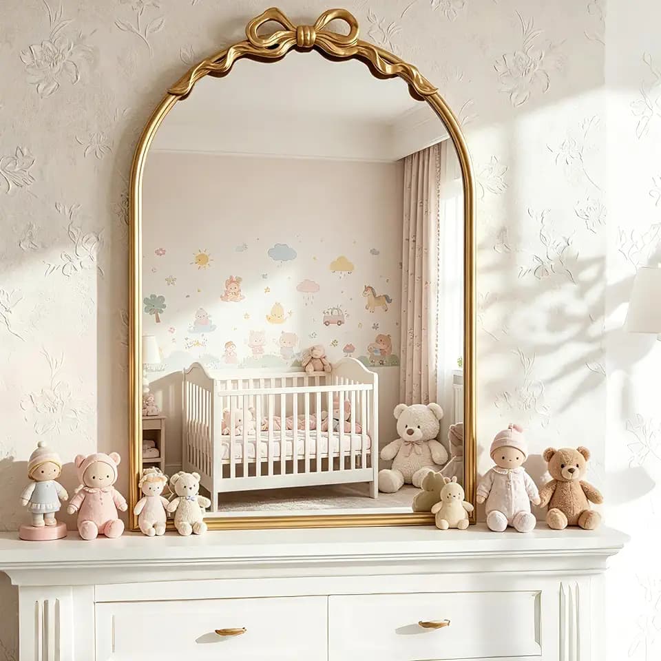 PERHOM Arched Gold Bow Mirror, 36"x24" Large Bow Mirror with Metal Frame, Baroque Ornate Mirrors for Nursery, Entryway, Bathroom, Hallway,Living Room,Fireplace