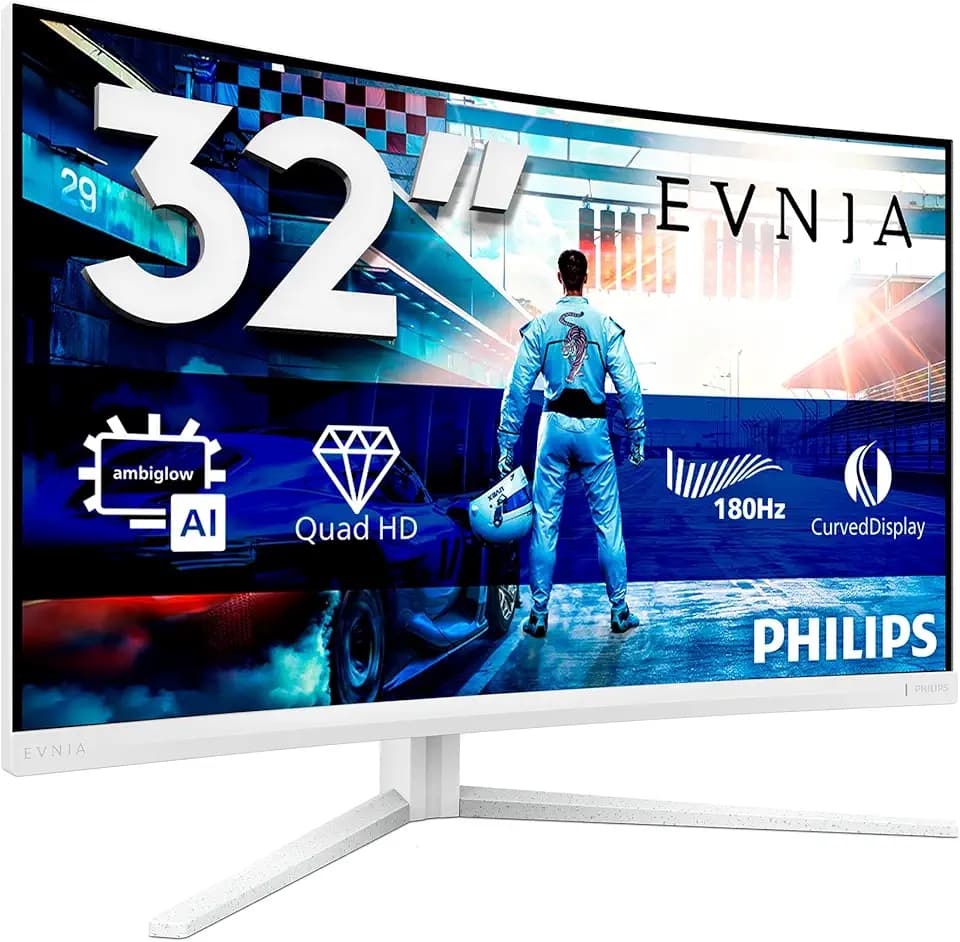 PHILIPS Evnia 32M2C5501-32 Zoll Quad HD Curved Gaming Monitor, 180 Hz, 1 ms, FreeSync Premium, HDR10, Ambiglow (2560x1440, 2X HDMI 2.0, 1x DisplayPort 1.4) Weiss