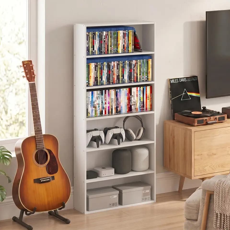Furinno Basic DVD Shelf, 6-Tier Media Shelf, CD Rack, White