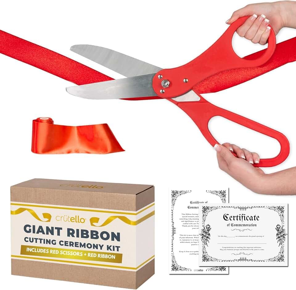 Crutello Ribbon Cutting Ceremony Kit - 20" Giant Red Scissors, Red Ribbon