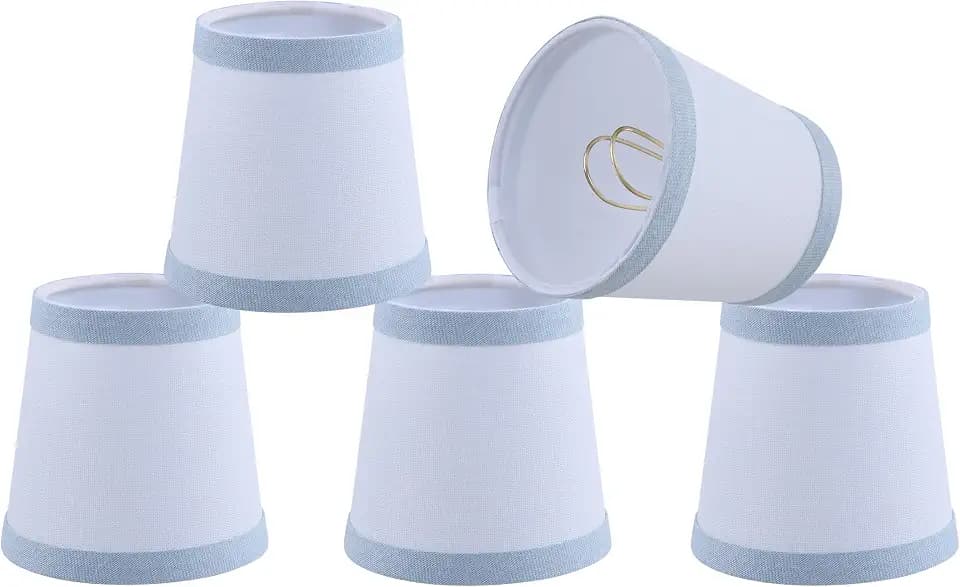 Aspen Creative 51058-5, Hardback Empire Transitional Clip-On Chandelier Shade, White Linen Fabric with Light Blue Trim on Top and Bottom, 3" Top x 4" Bottom x 4" Slant, Set Of 5