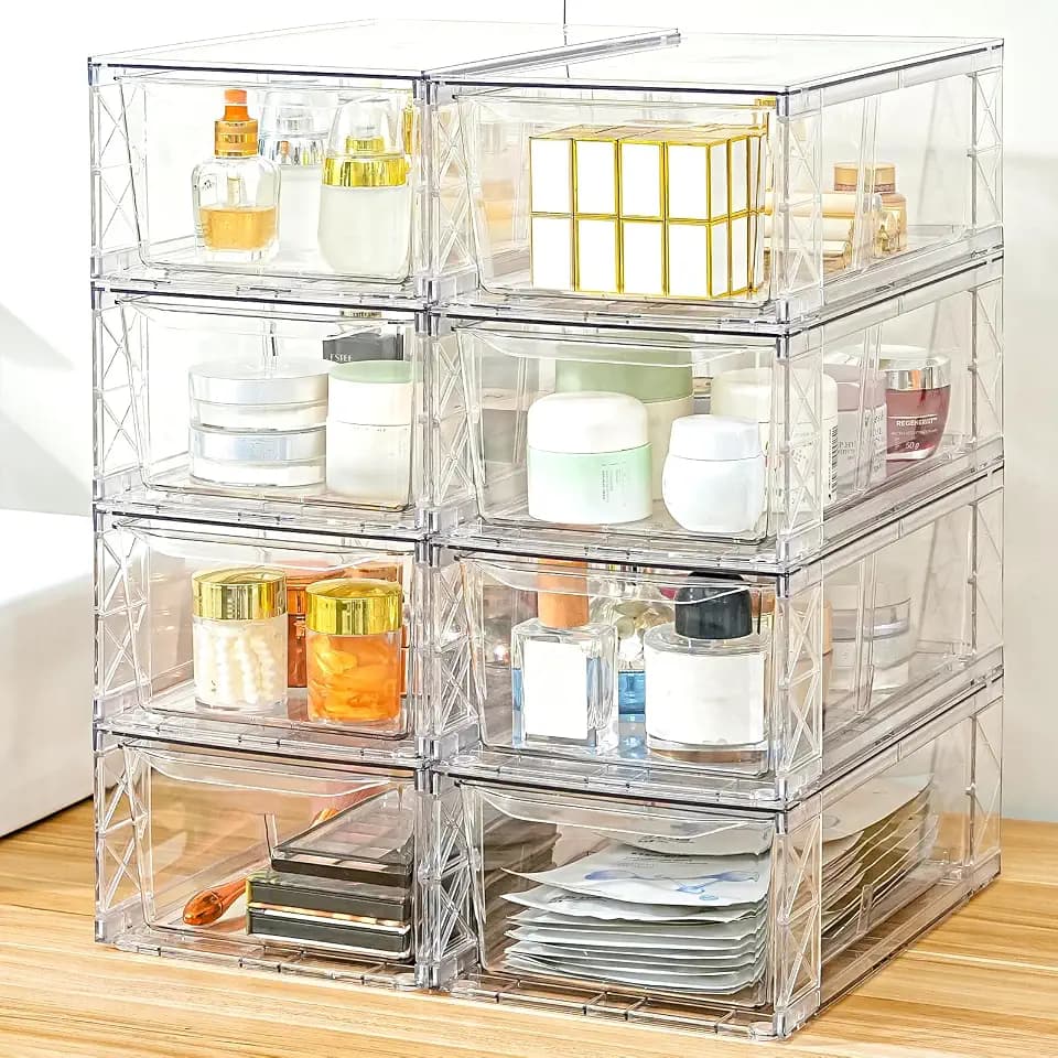8 Pack Acrylic Storage Drawers, Clear Stackable Storage Drawers, Acrylic Organizers Drawers for Under Sink, Pantry, Bathroom, Makeup Organizers Cosmetic Display,Classroom Storage Organization, Medium
