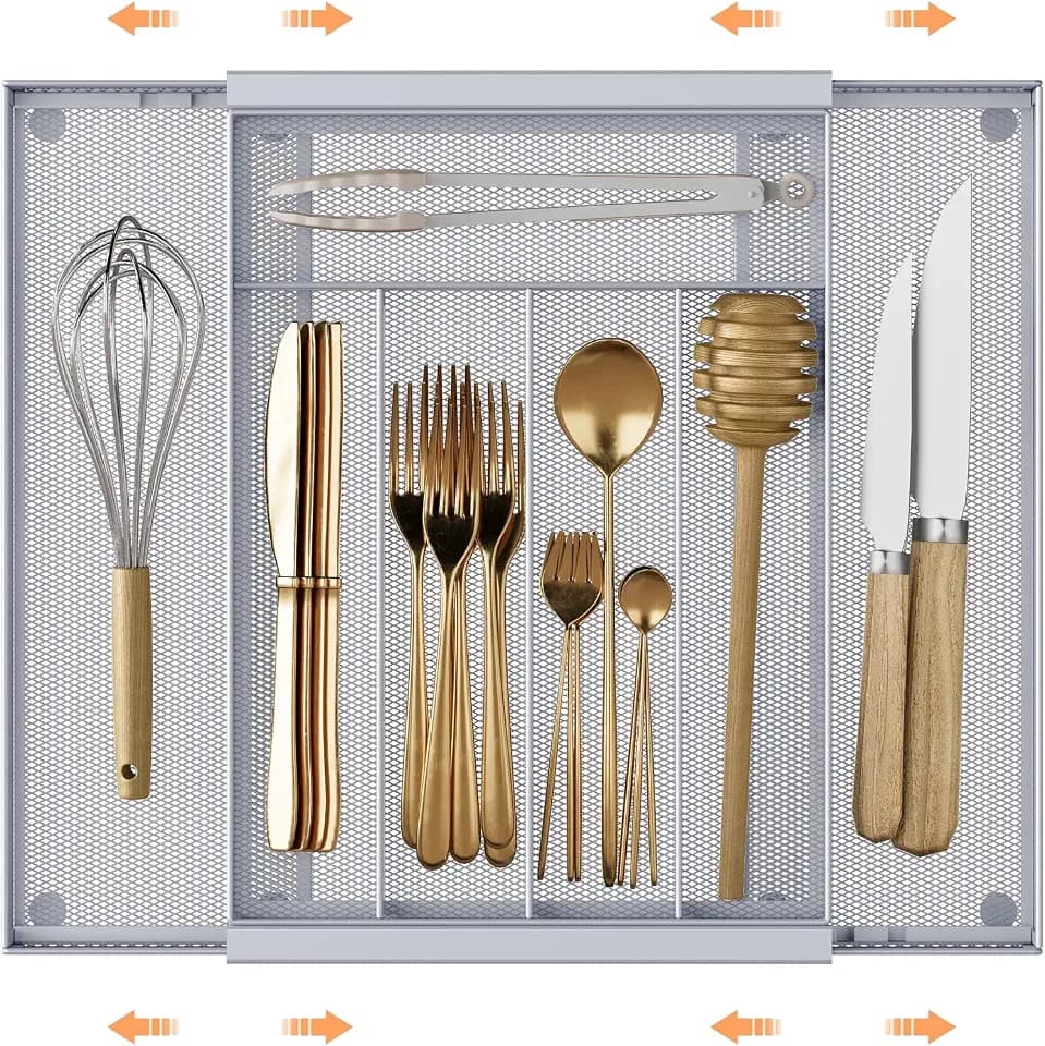 Sedegn Silverware Organizer Metal Mesh, Drawer Organizer, Utensil Cutlery Tray Expandable Flatware Organizer with 7 Compartment Silver 9.6"~16.1" x 13.8"