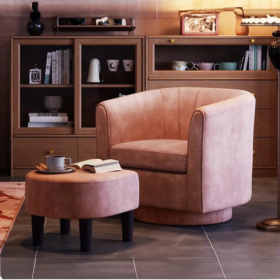 LINSY Swivel Accent Chair with Ottoman - Small Barrel Chair 360 Swivel Modern Armchair, Upholstered Reading Chair with Footrest for Living Room Bedroom Study Room, Velvet (Pink)