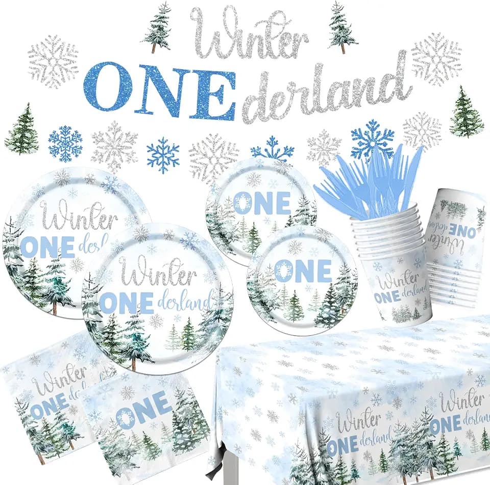 Winter Onederland 1st Birthday Boy Tableware - 142 Pcs Blue Snowflake Winter Wonderland Plates and Napkins