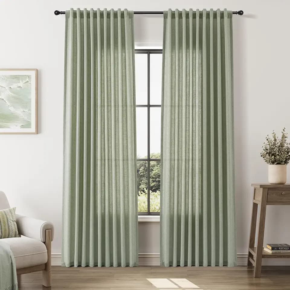 Nanspring Linen Curtains 84 Inch Long for Living Room Hook Belt Light Sage