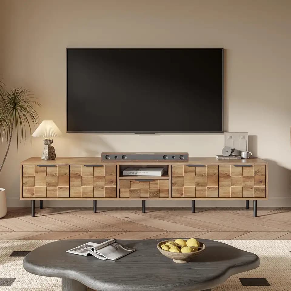 Merax 78 Inch TV Stand for TVs Up to 85", Modern Entertainment Center with Storage Drawer and 4 Cabinet Doors, Media Console with Unique Mosaic Front Design for Living Room, Natural