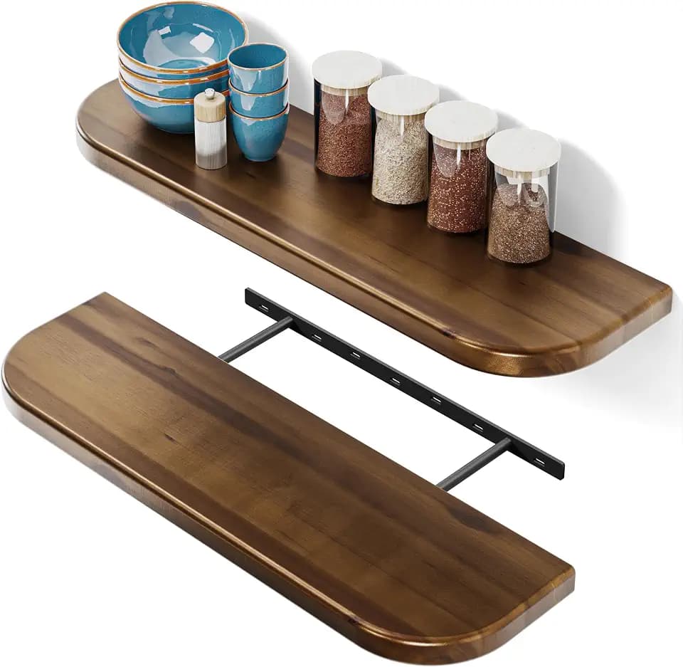 BATODA Set of 2 24” Wood Floating Shelves for Wall, Round Edge,Walnut Color