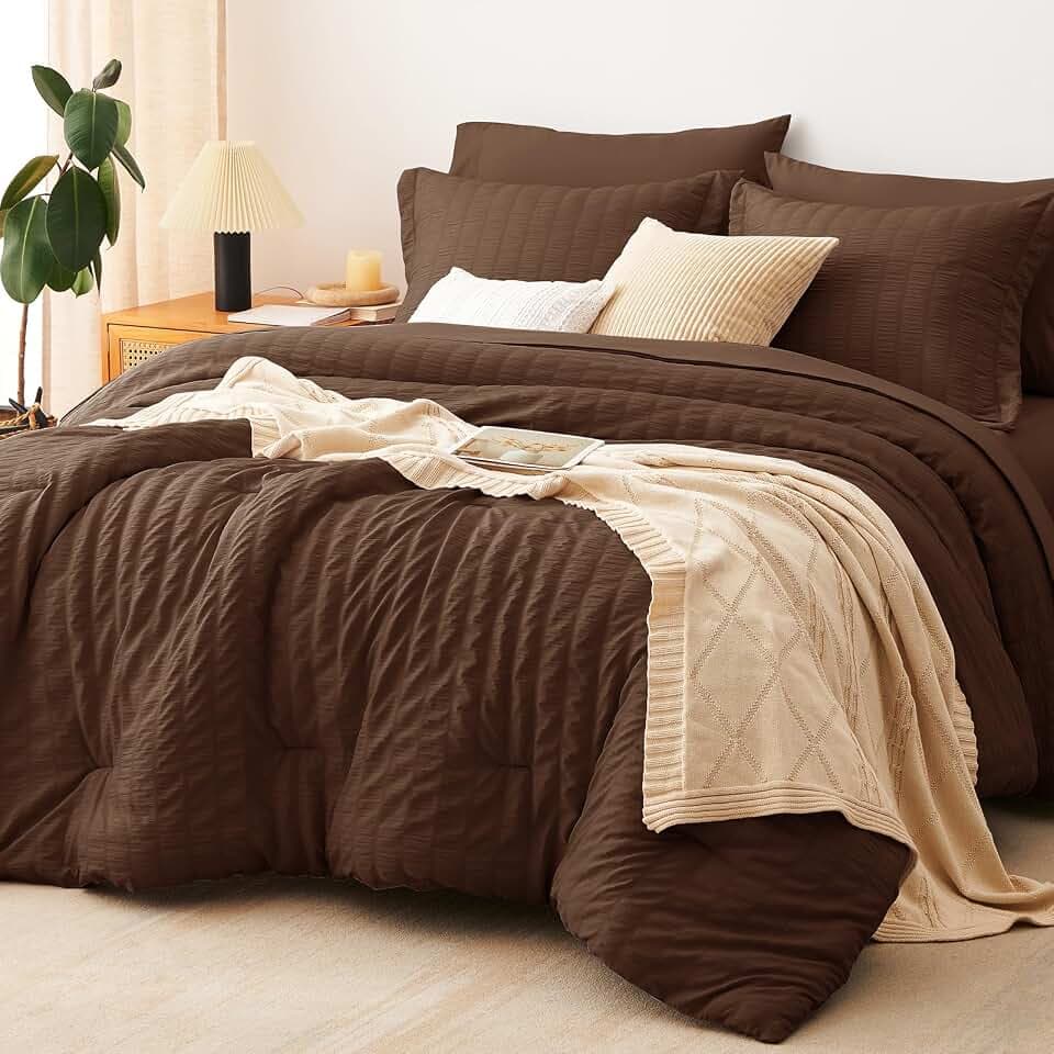 CozyLux King Size Comforter Set, 7 Pieces Brown Seersucker Bed in a Bag