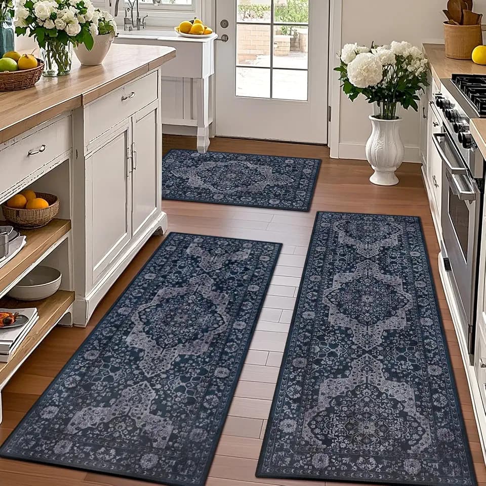 Boho Navy Blue Kitchen Rug Sets of 3, Non Slip Washable Kitchen Floor Mats, Soft Vintage Thin Farmhouse Decor Rugs for Sink Front, Entryway, Hallway, Bathroom and Laundry Room