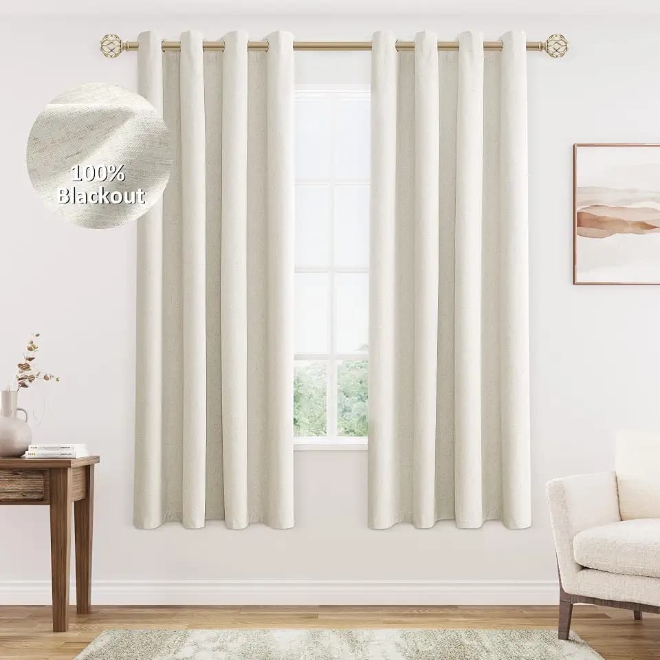 Jowels Natural Linen Grommet Blackout Curtains 63 Inches Long for Bedroom