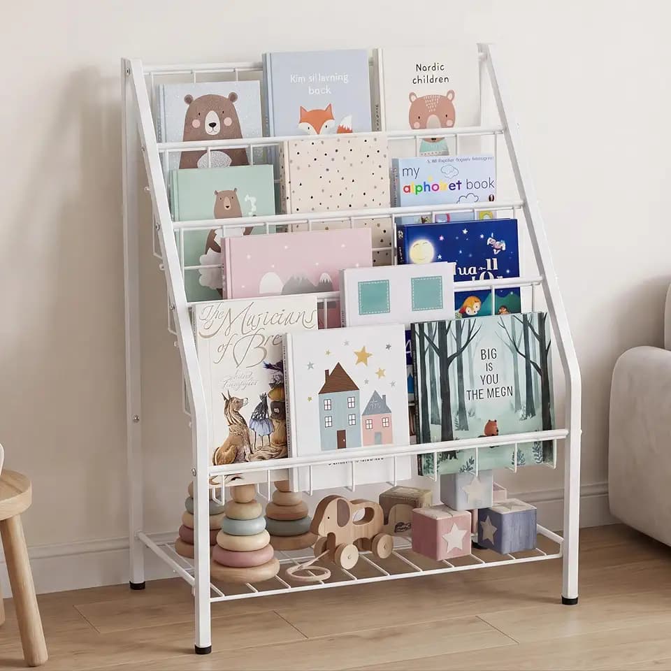 JAQ Kids Bookshelf for Toddlers, 4-Tier Toddler Bookshelf, Forward Facing Kids Book Shelf, Metal Book Display Shelf for Nursery, Playroom & Classroom, Sling Bookshelf for Small Spaces, White, 24.8"