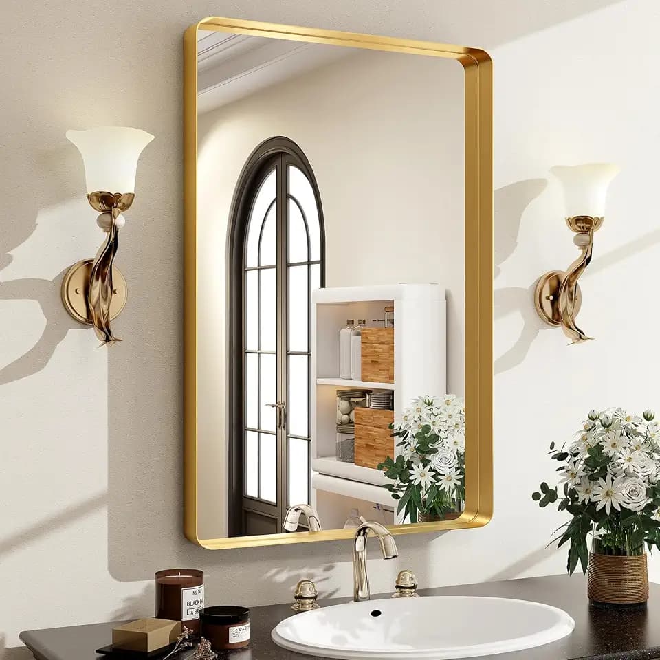 Easly 30 x 22 Inch Gold Bathroom Mirror for Wall,Aluminum Alloy Frame Rectangular Wall Mounted Mirror for Farmhouse Decor Horizontal or Vertical Ideal for Bedroom, Living Room