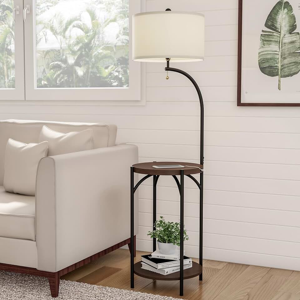 Lavish Home Floor Lamp with Built-in End Table, Brown/Black, 16” x 58”