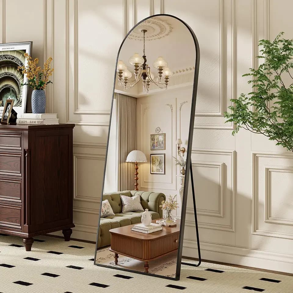 Krymnar 57"x21" Arched Full Length Mirror, Brushed Black Aluminum Frame Floor Mirror with Stand, HD Shatterproof Glass & Rust-Proof Body Mirror for Bedroom, Living Room, Bathroom, Entryway