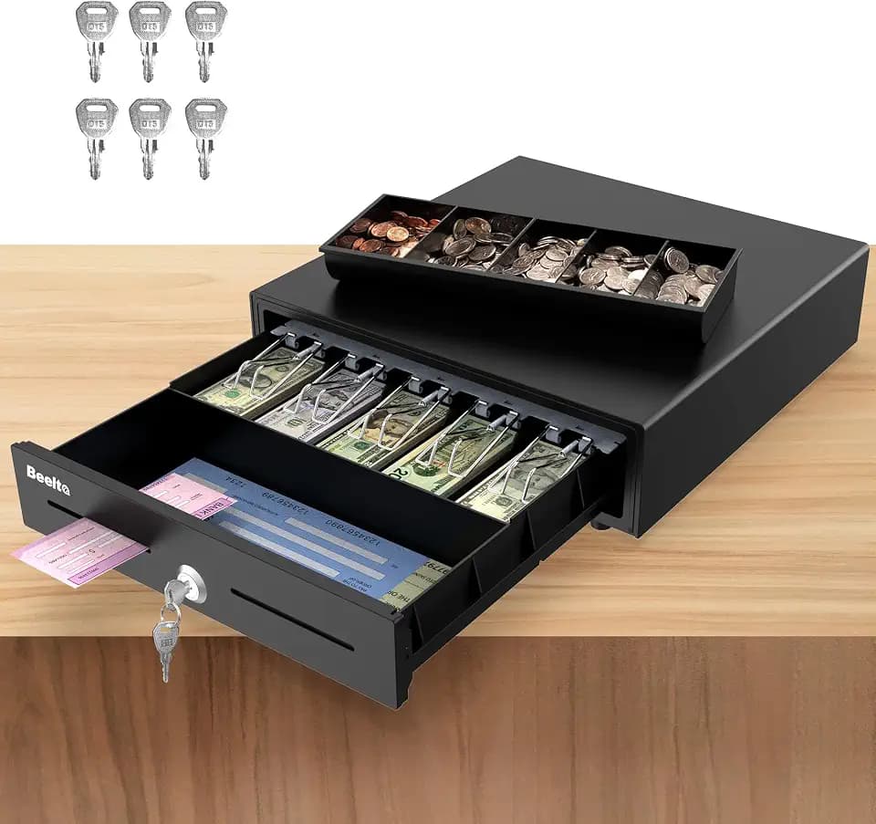 16" Heavy Duty Cash Drawer Auto Open – 5 Bill/5 Coin with Emergency Switch – RJ11/12 Compatible with Square, Clover, Epson Printers BK1616E