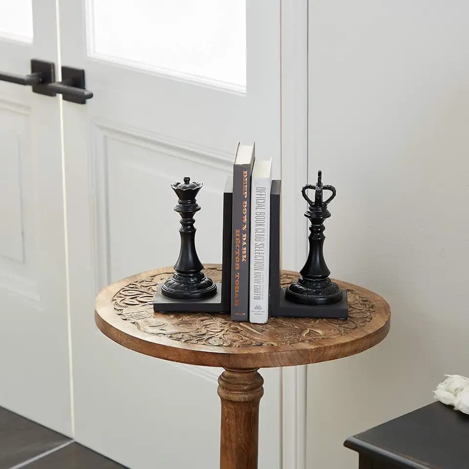 Deco 79 Polystone Chess Decorative Bookends Non Skid Bookends with King and Queen, Set of 2 Office Bookends5"W, 8"H, Black