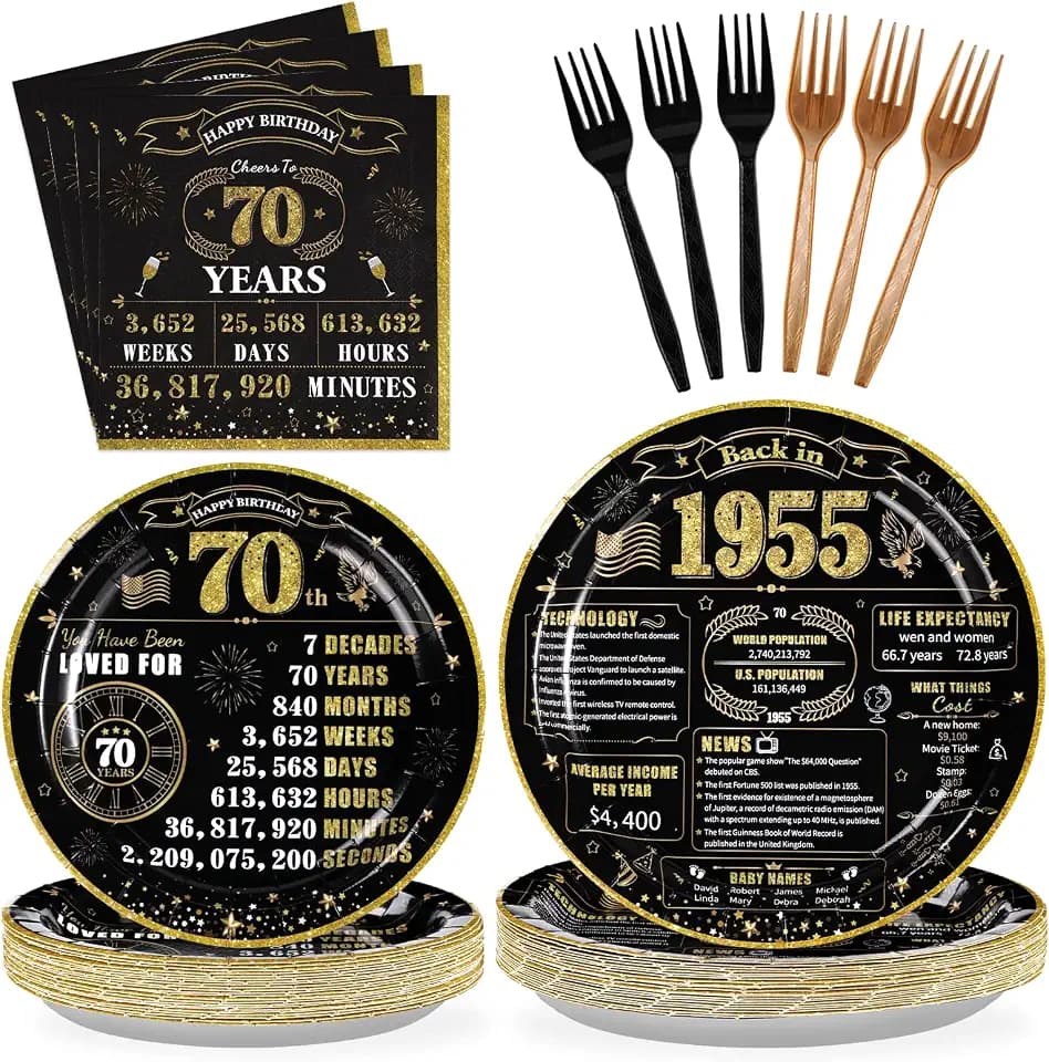 96Pcs 70th Birthday Party Supplies 350 GSM Back in 1955 Birthday Plates and Napkins Back and Gold Vintage 70th Birthday Tableware Sets for Men Women 70 Years Old Party Decorations Favors Serves 24