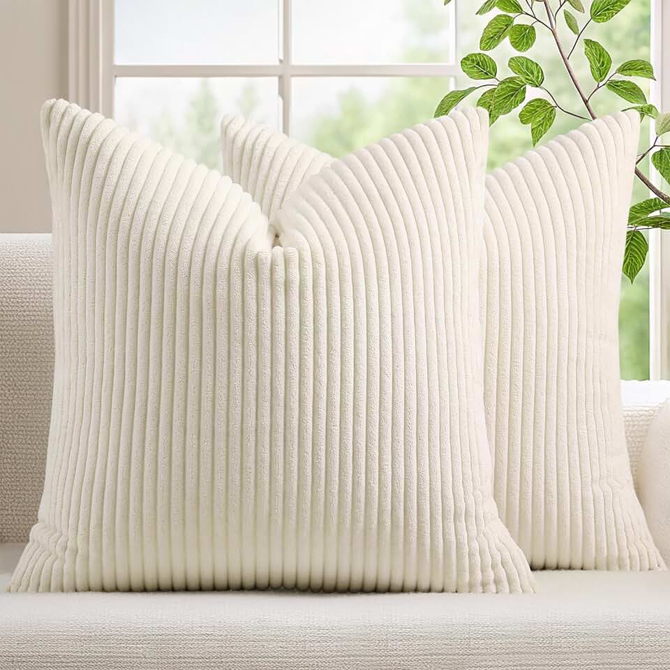 Mecatny Corduroy Fall Throw Pillow Covers 18x18 Set of 2 Cream White