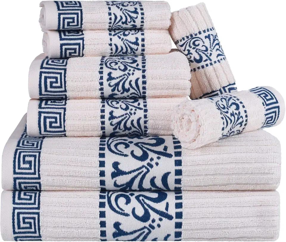 Superior 8-Piece Cotton Towel Set, Decorative Greek Pattern, Home Essentials, Absorbent Towels, Decor for Bathroom, Spa, Includes 2 Hand, 2 Face and 4 Bath Towels, Athens Collection, Ivory-Navy