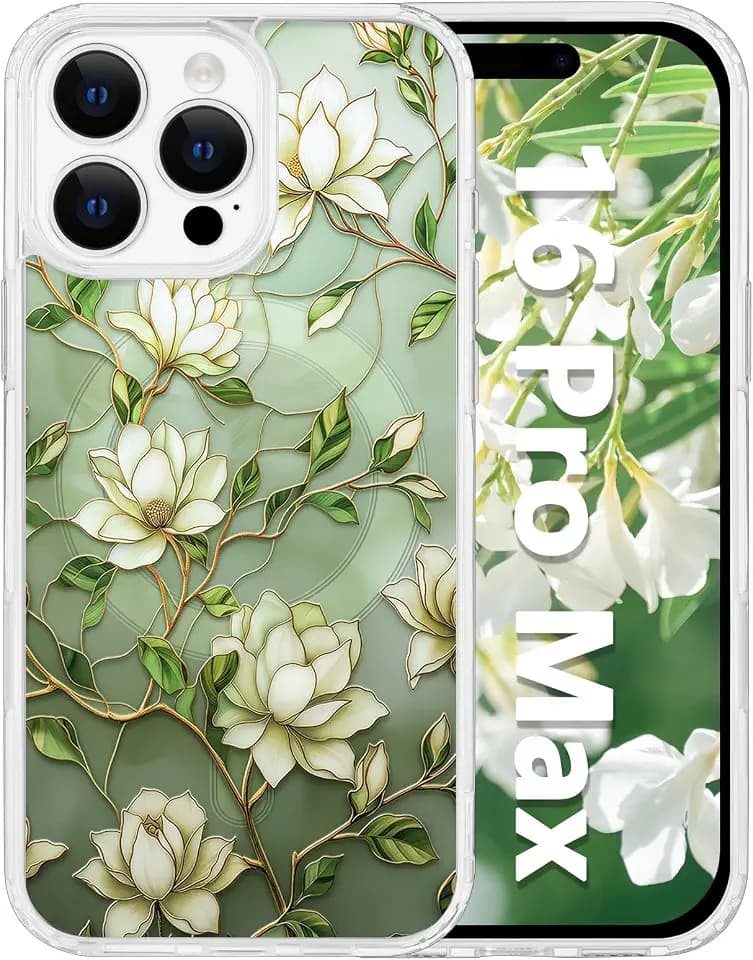 For iPhone 16 Pro Max Floral Case, Clear Magnetic Cover, Green Magnolia