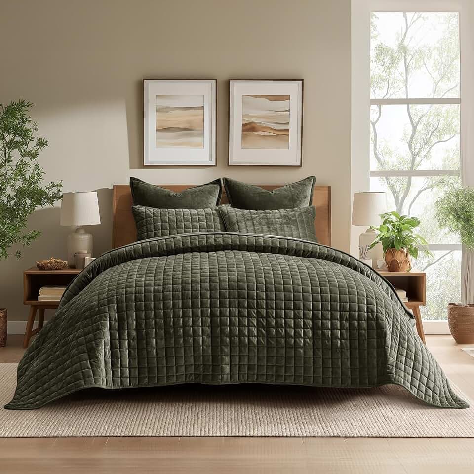 RECYCO Channel Box Stitch Velvet Quilt Set, Full Queen Size, Olive Green