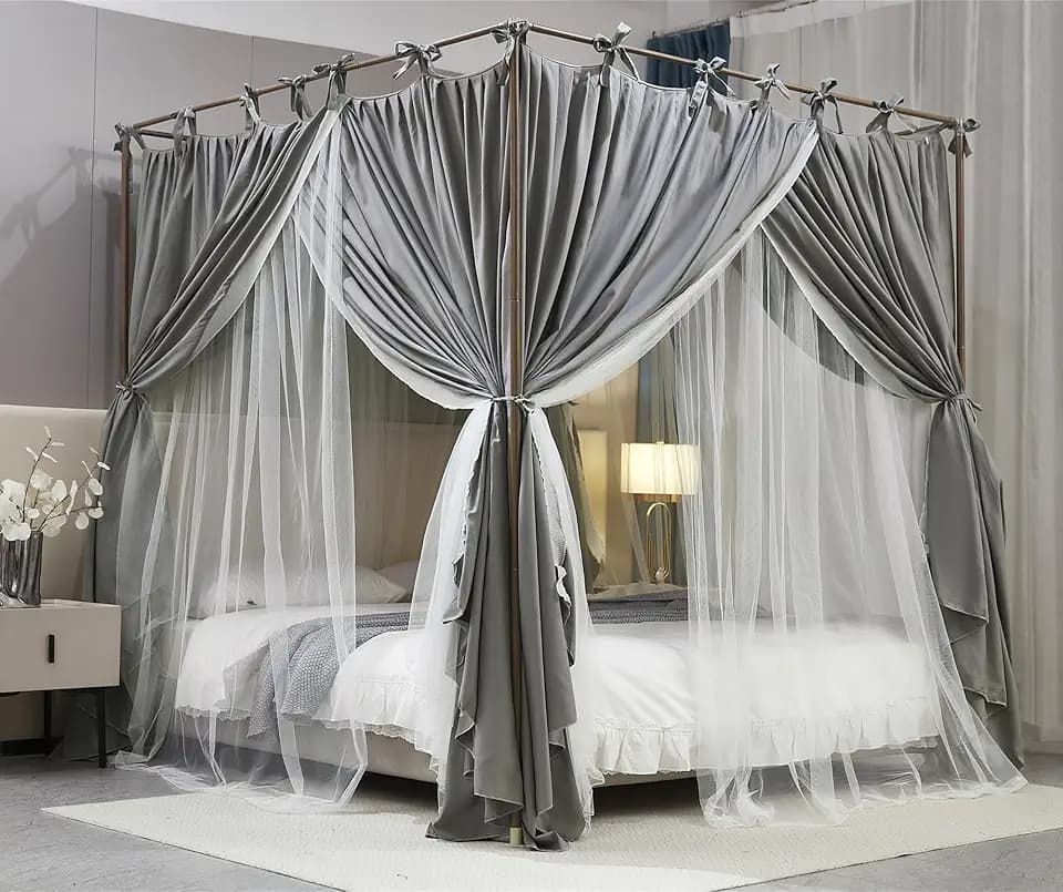 AIOOO 4 Corners Post Princess Curtain Bed Canopy Double Layer Cozy Mosquito Net Mesh and Cloth for Girls Adults Bedroom Decoration (Double-Grey/White, 64" W*82" L*82"*H/(Queen))