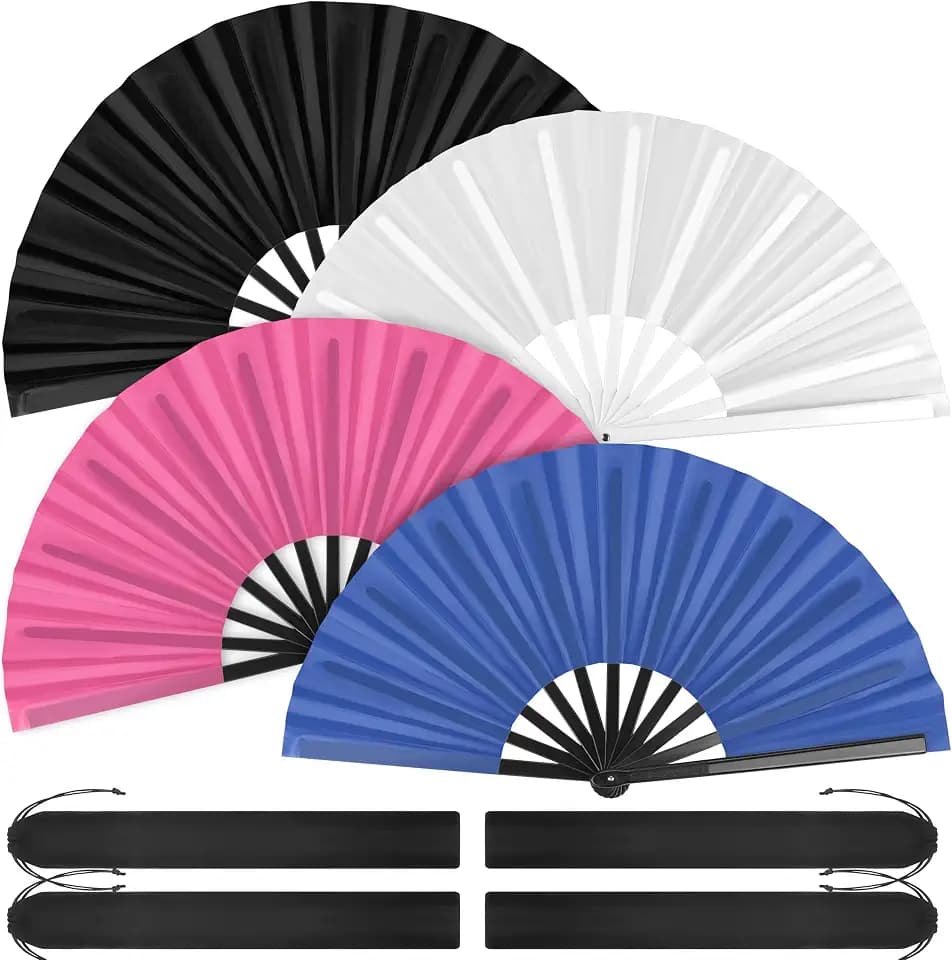 Aodaer 4 Pack Large Silk Folding Fans Handheld Fans Chinese Kung Fu Tai Chi Fans Decorative Fans for Men and Women, Pink, Black, White, Blue