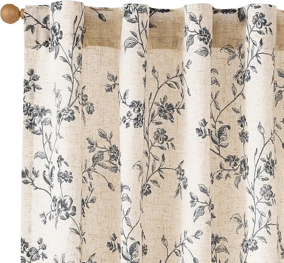 Lazzzy Extra Long Black Vintage Floral Linen Curtains Farmhouse 2 Panels