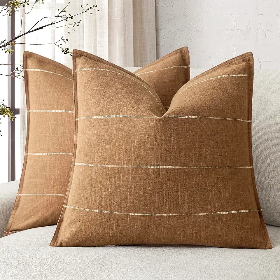 Foindtower Set of 2 Decorative Cozy Linen Striped Throw Pillow Covers Soft Farmhouse Modern Cushion Covers Neutral Boho Accent Home Decor for Sofa Chair Couch Bed Living Room,20×20 Inch,Brown Sugar