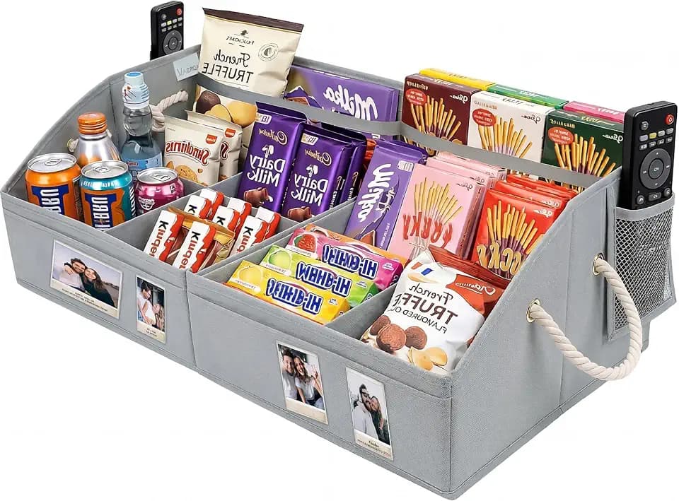 VAESIDA Large Snack Organizer for Countertop, Foldable Storage Basket with 8 Adjustable Compartments & Handles, 28'' Snack Containers Box for Pantry, Snack Bar Station & Movie Night Supplies