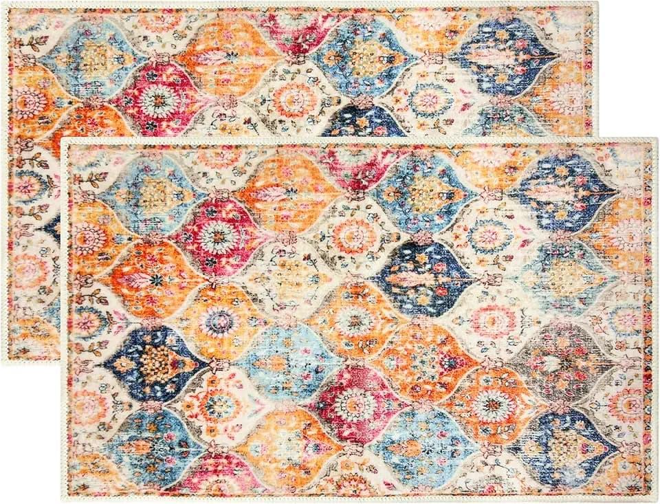TIANLIN 2 Pcs Washable Indoor Doormat 18"" x 30"" Non Slip Retro Floor Mat Area Rug Absorbent Entrance Rug Distressed Moroccan Boho Rug, Accent Throw Rug for Bedroom Kitchen Entryway Bathroom(Cream)