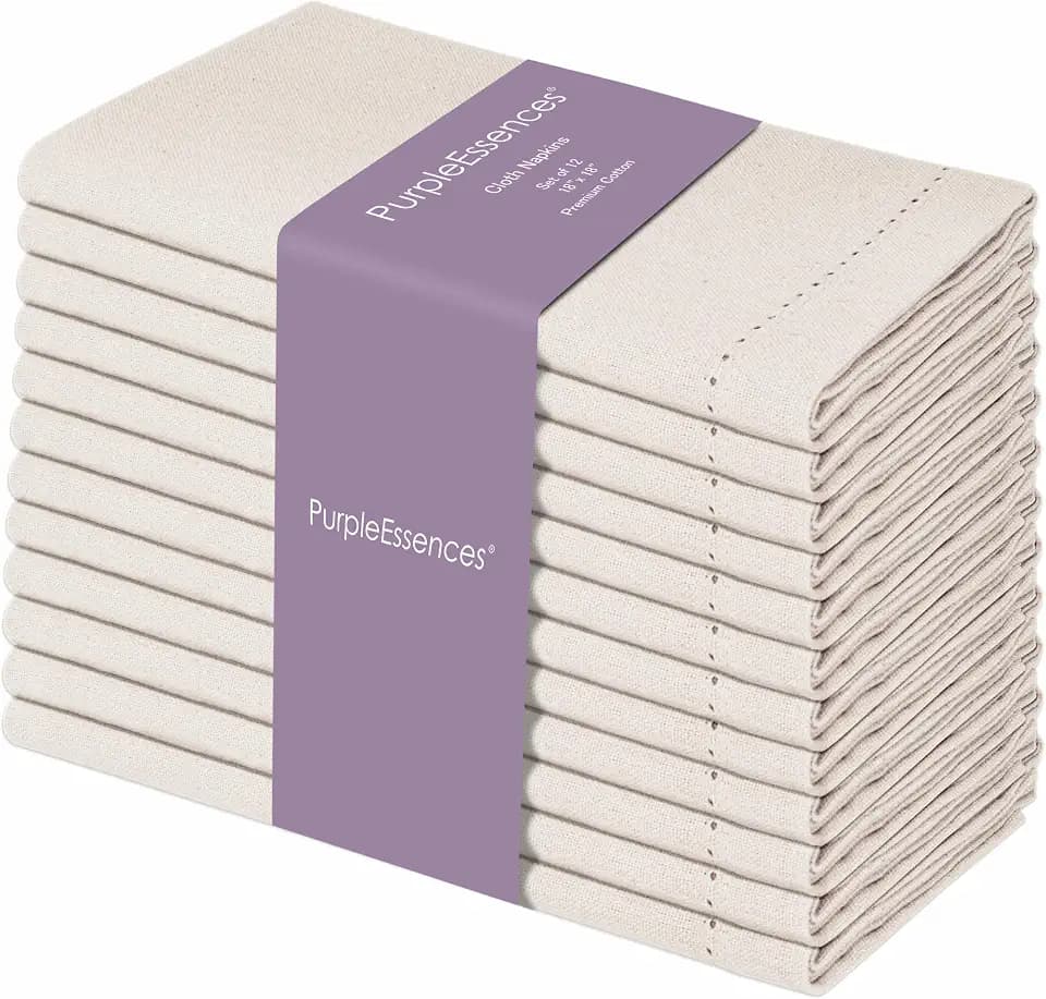 PurpleEssences Hemstitch Cloth Napkins 18x18 in Set of 12 - Natural Color