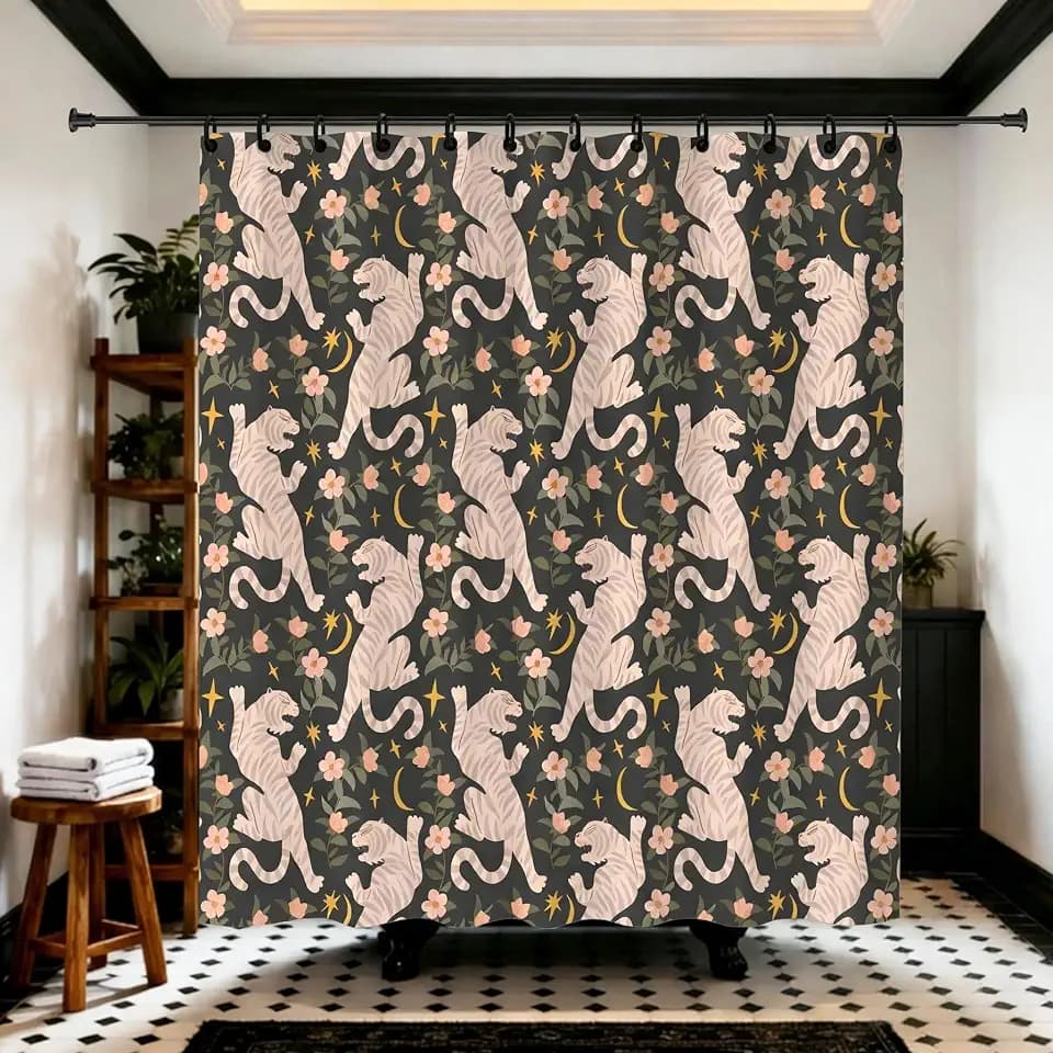 Retro Boho Floral Tiger Tropical Botanical Shower Curtain 72x72 Inches