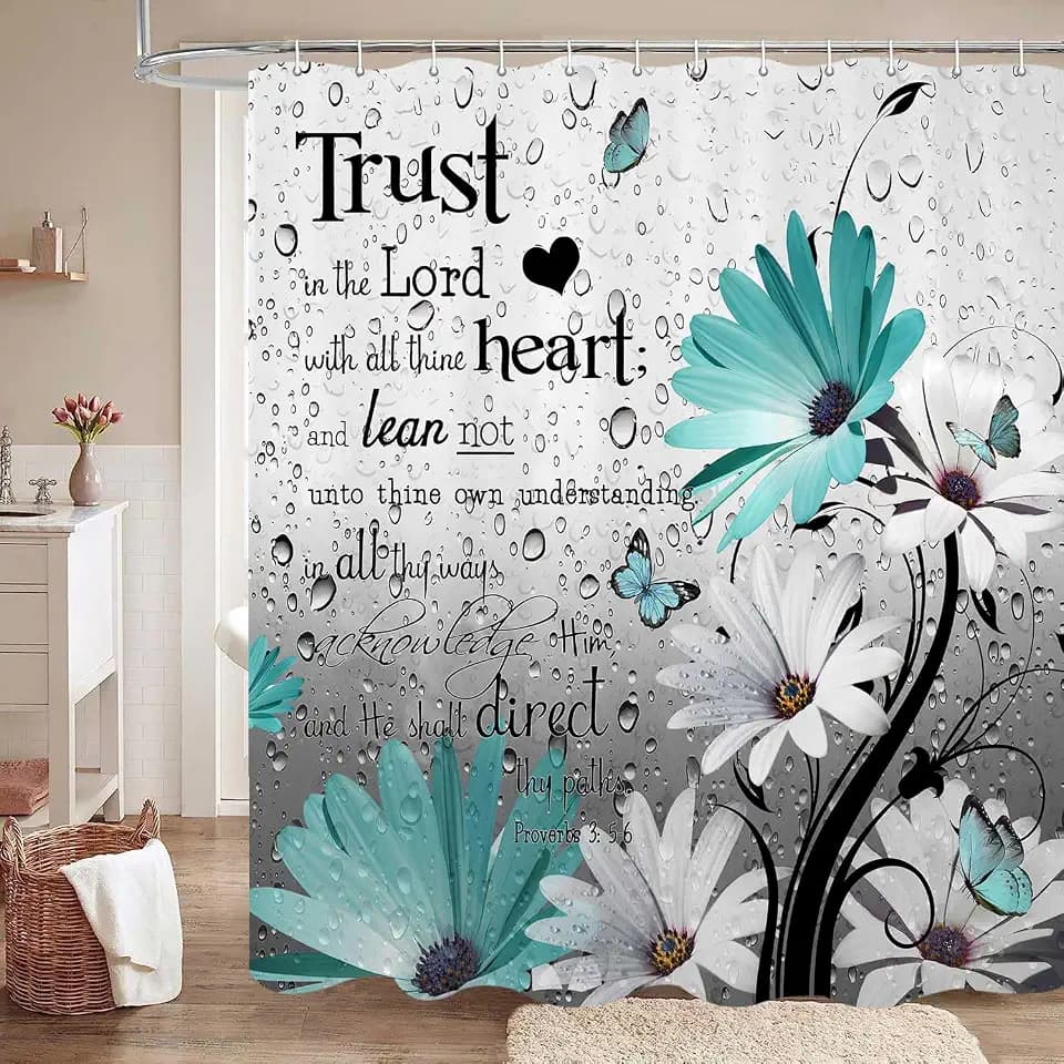 Rustic Farmhouse Shower Curtain, Farm Teal Daisy Floral Bible Verse Inspirational Motivational Quote Bathroom Curtains, Country Wooden Turquoise Gray Boho Shower Curtain Set with Hooks, 72X84IN