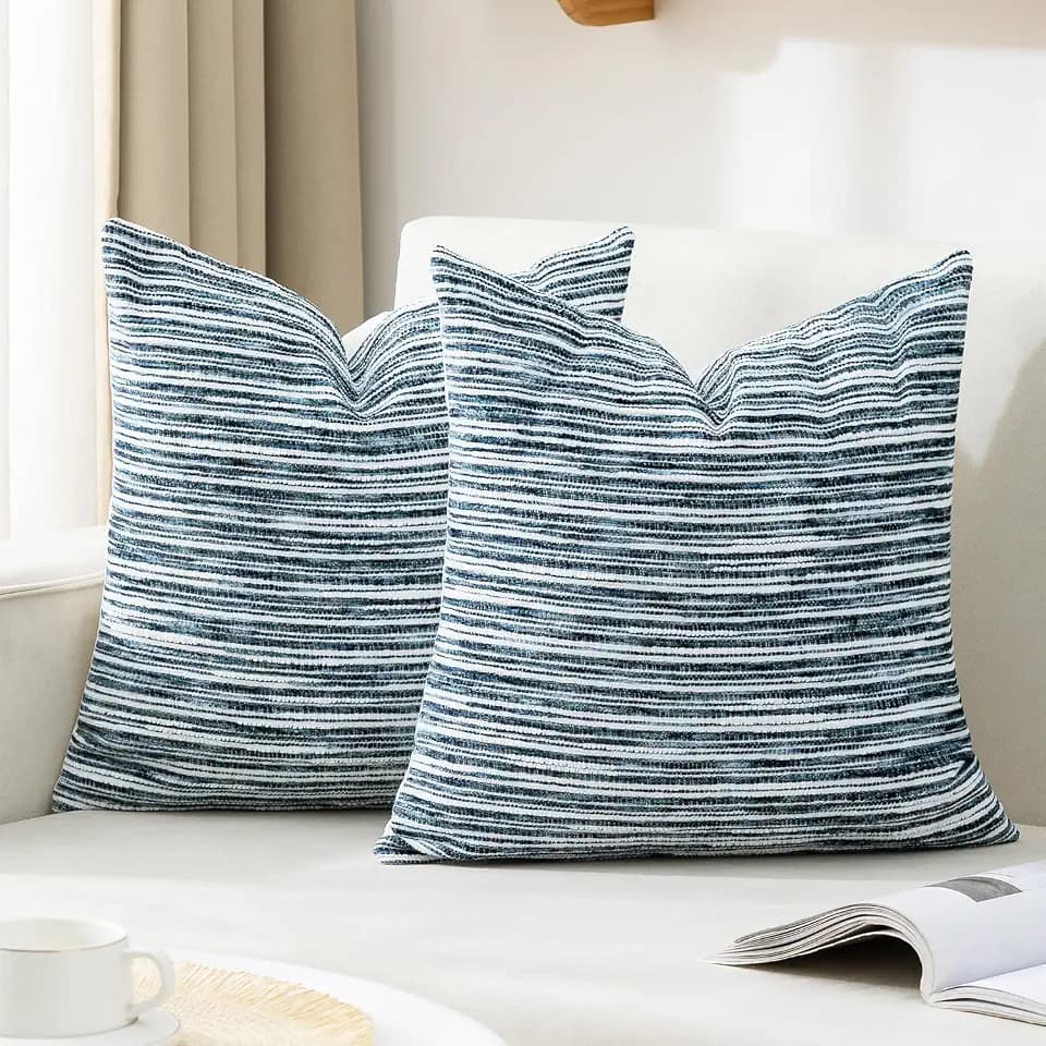 Boho Pillow Covers 18x18 Set of 2 Geometric & Striped Pillow Covers-Hand-Tufted Textured Pillowcases-Farmhouse Linen Decorative Throw Pillows for Sofa, Couch, Bed, Chair, Living Room, Blue