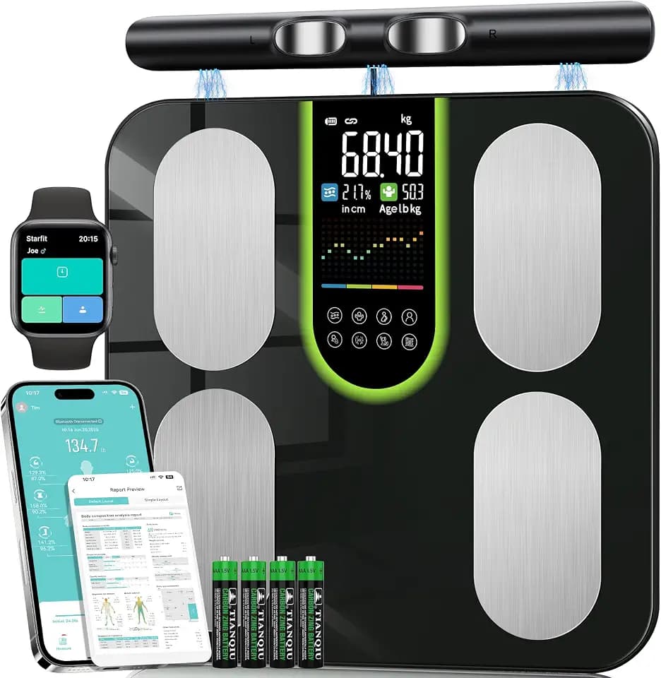 Körperfettwaage Personenwaage Digital 8-Elektroden Bluetooth App Smart Körperanalysewaage, 58 Körperdaten Fett, Muskel, Protein, BMI, BMR, Großes Display, Gehärtetes Glas, 180kg/4001bs, 24 Benutzer
