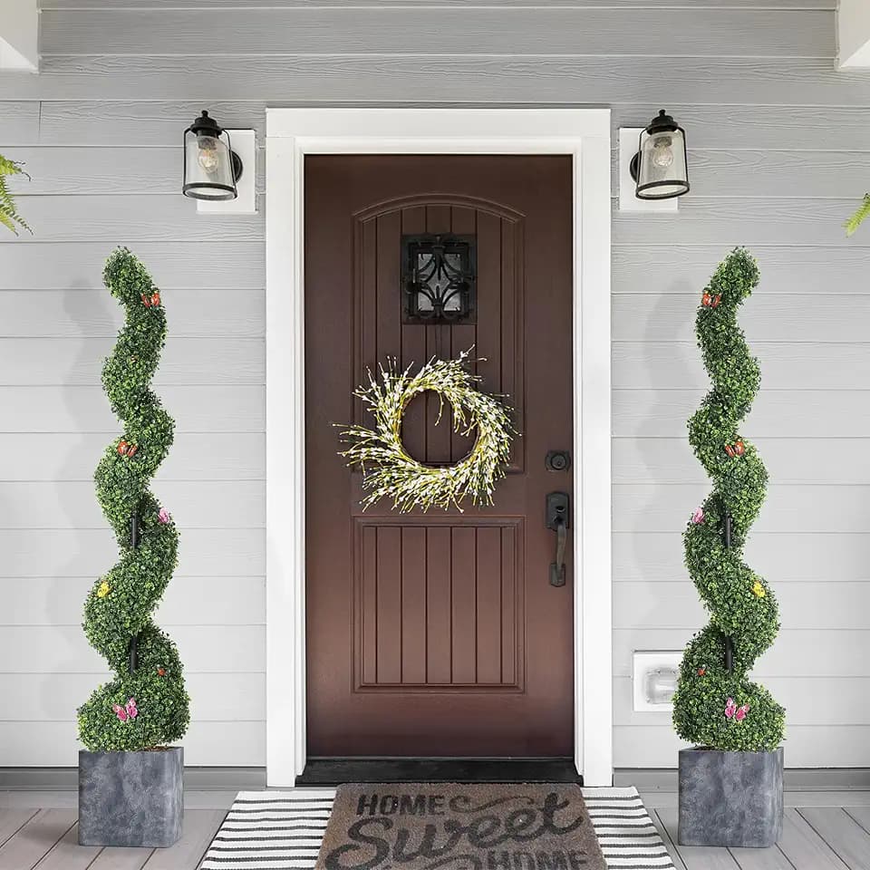 5 FT Artificial Boxwood Spiral Topiary Trees, 2 Pcs Outdoor Faux Plants with Insect Decoration, Evergreen Artificial Plants Outdoor for Decorative, Indoor, Porch, Garden