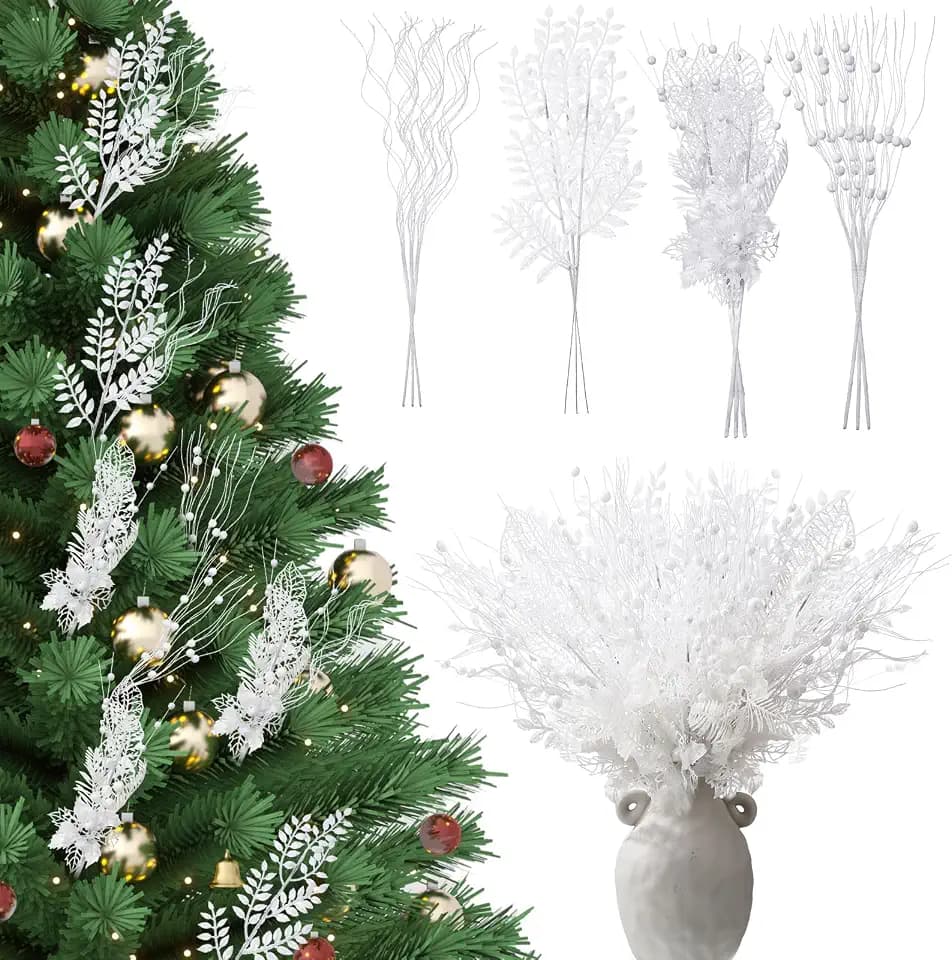 Thiccywoov 40 Pack White Christmas Picks and Sprays for Tree 17.5'' Artificial Glitter Berry Stem Pick with Poinsettia Christmas Tree Filler Ornaments Tree Topper Branch for Xmas DIY Wreath